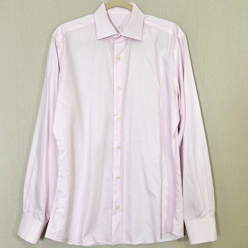 Mike Labson Mens Pink White Micro Check Button Down Shirt Tailored Medium